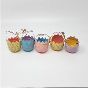 Set of 5 Vintage Paper Mache Easter Half Egg Mini Baskets Pastel Hand Painted